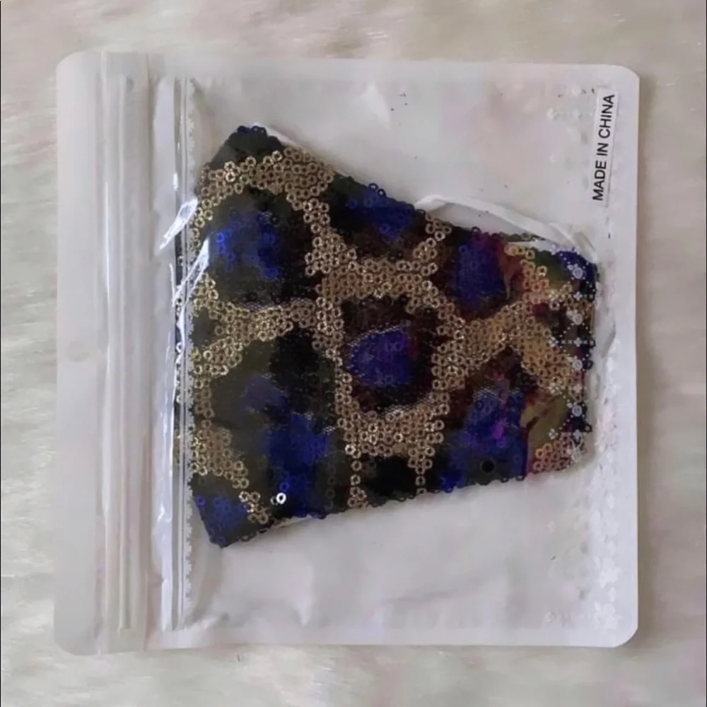 Blue & Silver Leopard Print Sequin Statement Sparkle Bling Festival Face Mask